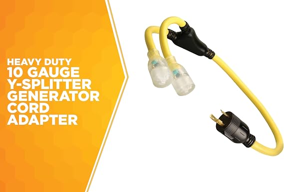 Coleman Cable 01915 3-Feet Generator Power Cord Adapter; 10/3 Splitter Y Adapter; L5-30P to (2) Lighted 5-20R