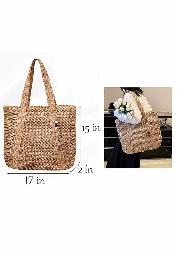 Women's Straw Purse Beach Tote Woven Vacation Handbags Summer Large Beach Bag Beach Purse(brown) by YXCXGO - Used condition - Image 7