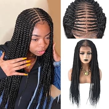 Knotless Cornrow Braided Wig For Black Women Soft Lace Micro Braiding Wig Baby Hair Box Braids Wigs Light Weight Curly Synthetic Braid Wig For Women #1B-#Black