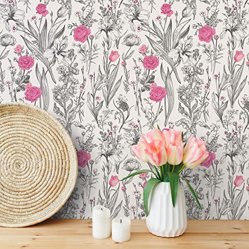 Veelike Grey Sketch Floral Peel And Stick Wallpaper Pink Floral Wallpaper 17.7''X118'' Vintage Botanical Wallpaper Prepasted Removable Floral Contact Paper For Bedroom Bathroom Walls Cabinets Shelves #TOP1