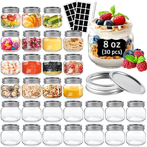 Aliggbent Mason Jars 8 oz, 30pcs Reusable Mason Jars with Regular Airtight Lids and Bands, Clear Small Mason Jars , 1/2 Pint Glass Canning Jars for Jelly, Overnight Oats, Jam, Fruit, Yogurt, Crafts