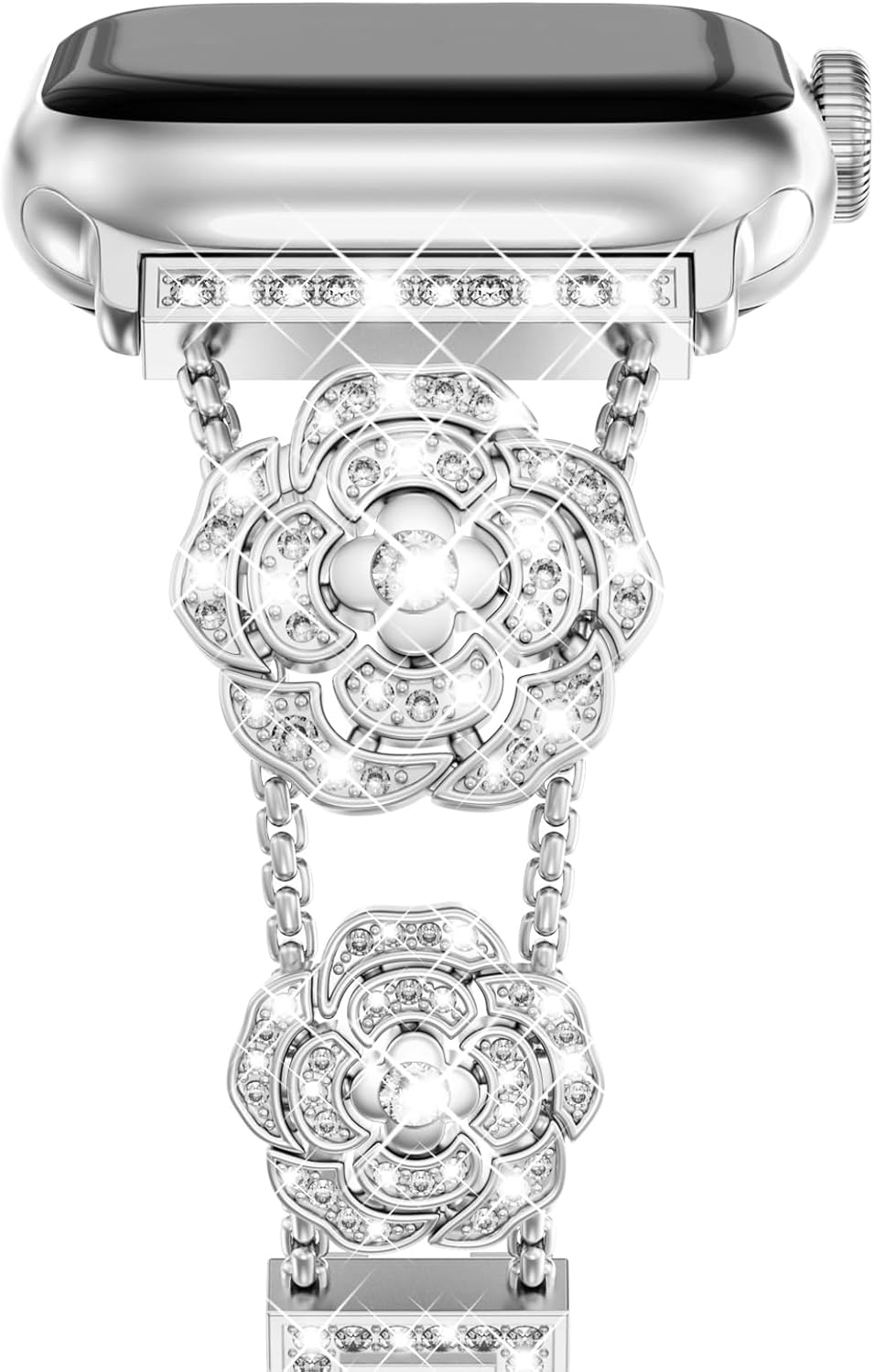 NewWays Compatible for Apple Watch Band for Women, Sparkling Bling Diamonds Camellia Rose Bracelet for iWatch Band Womens