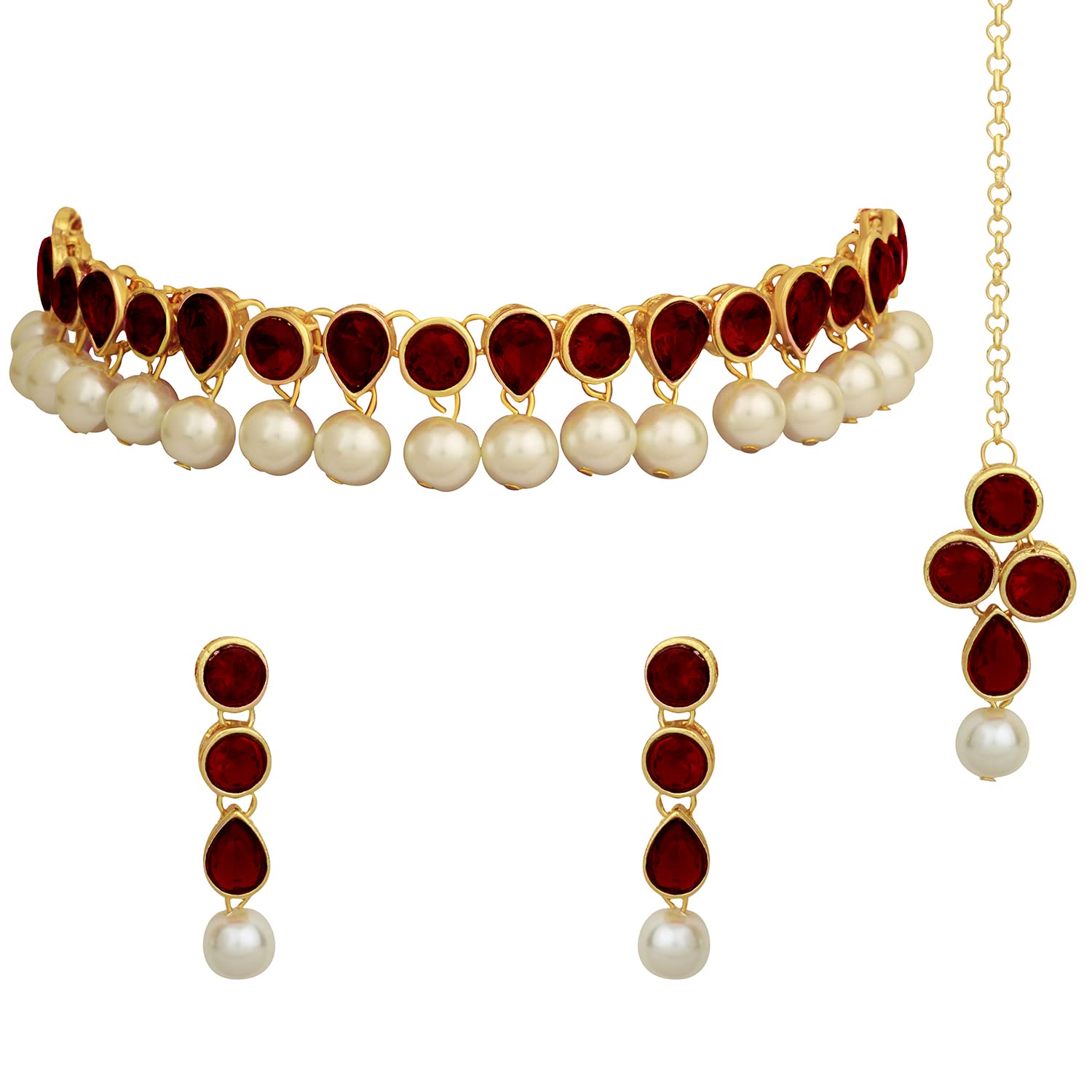 Peora Maroon Kundan Pearl Traditional Ethnic Choker Necklace Earring Maangtikka Jewellery Set for Women & Girls (B0B6BJDHS2) Amazon Price History, Amazon Price Tracker