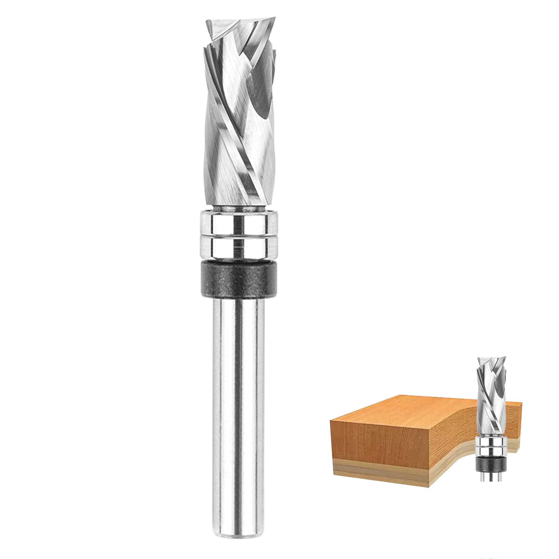 SpeTool Fresa de enrasado en espiral, 8 mm, vástago de compresión, fresadora para fresadora superior, 12 mm, diámetro de corte, 32 mm, longitud de corte, fresa de copia con anillo inferior VHM para