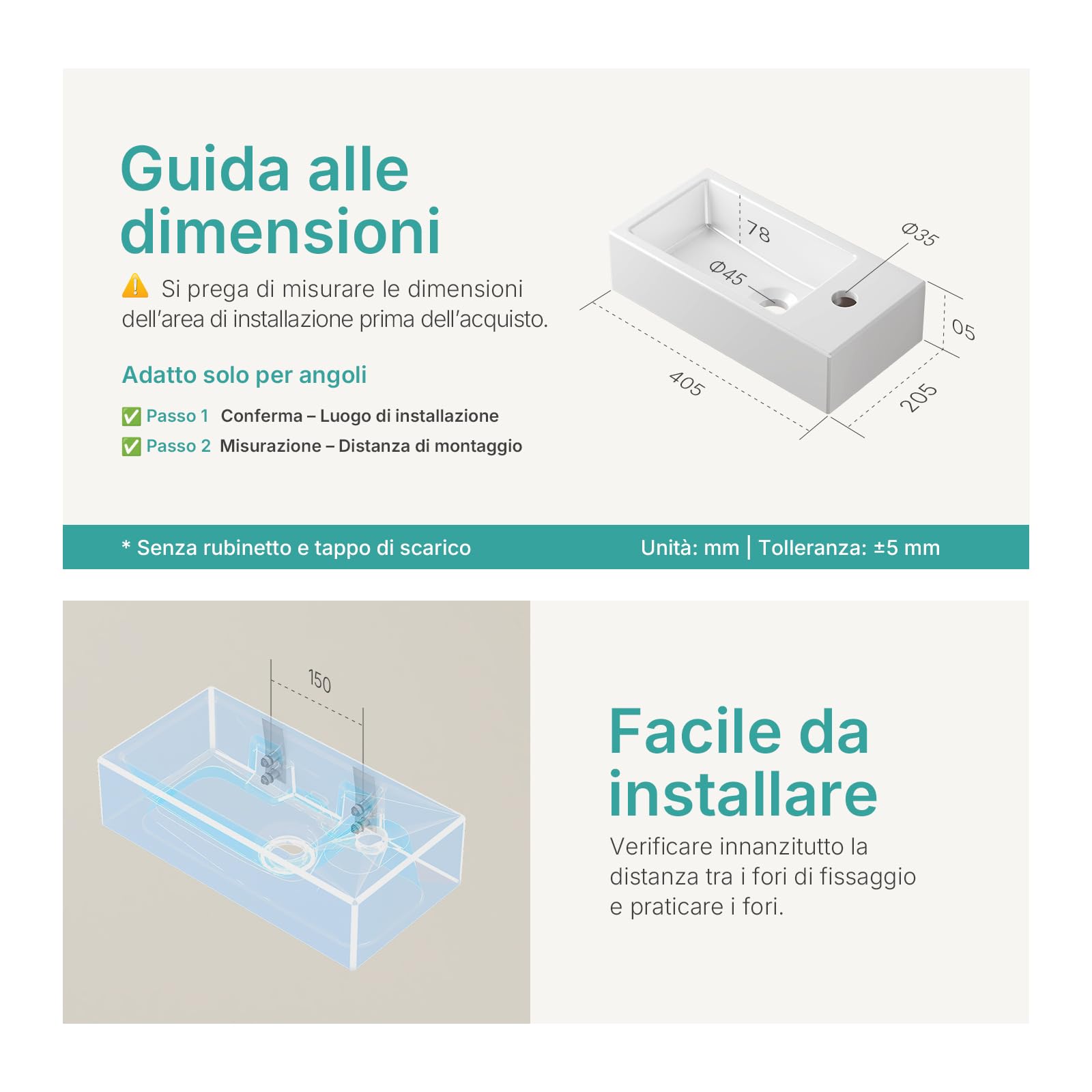 EMKE Lavabo Sospeso 405 x 205 x 105 mm – Lavabo Compatto ed Elegante per Piccoli Bagni e WC Ospiti – Rubinetto a Destra, Installazione a Parete,Bianco Lucido