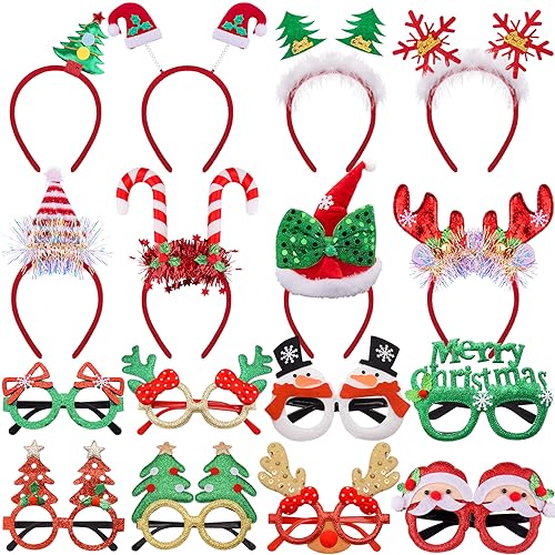 SIQUK 16 Stück Weihnachten Brillen Weihnachten Stirbnband Haarreifen, Weihnachten Brillen Rahmen Weihnachten Haarband Weihnachts Kopfschmuck Weihnachtsbaum Brillenrahmen Weihnachts Dekoration
