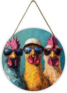 Chickens in Vintage Sunglasses Wood Hanging Circle Signs Plaque 12x12 Inch – Retro Decor Ideal For Retro - Styled Home Gift For Vintage & Bird Lovers