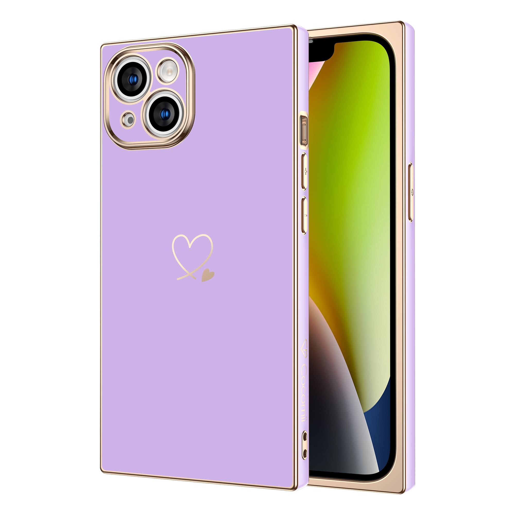 CocomiiSquare iPhone 12 Mini Case - Square Plated Love Hearts - Slim - Lightweight - Glossy - Gold Plated Solid Color - Luxury Aesthetic Cover Compatible with Apple iPhone 12 Mini 5.4" (Purple)