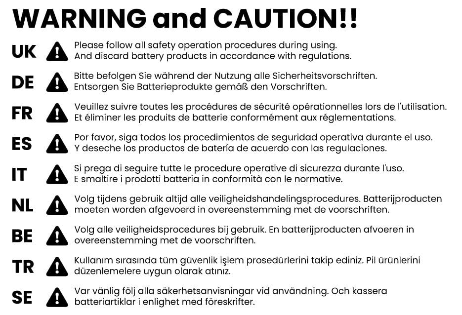 Warning and Caution text in multiple languages regarding safety procedures and battery disposal