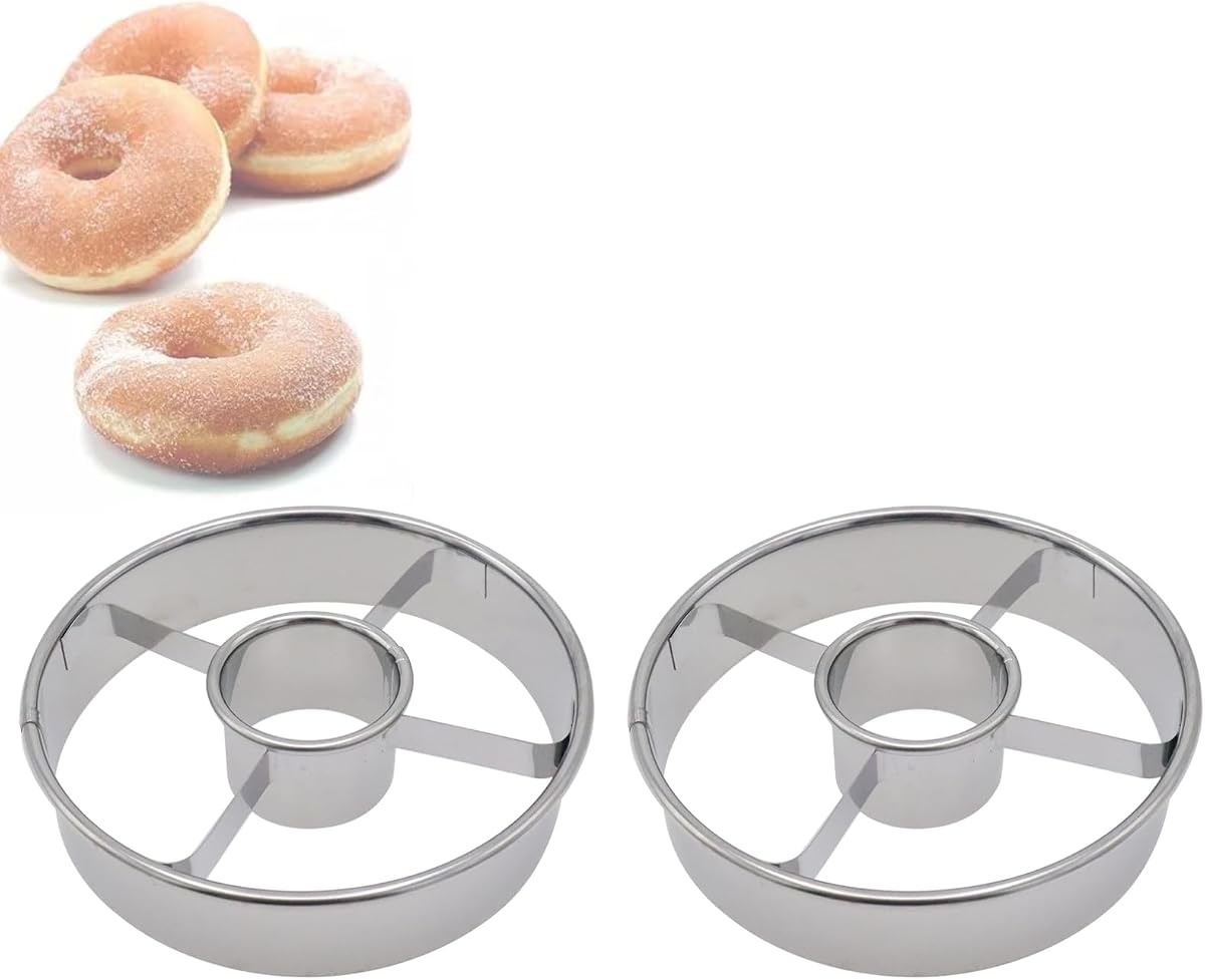 2-Pack Stainless Steel Donut Cutter Mold 3.86 Inch for Baking | bagel and biscuit cutter, cookie dough use, easy press and release, rust resistant steel, baking gift set