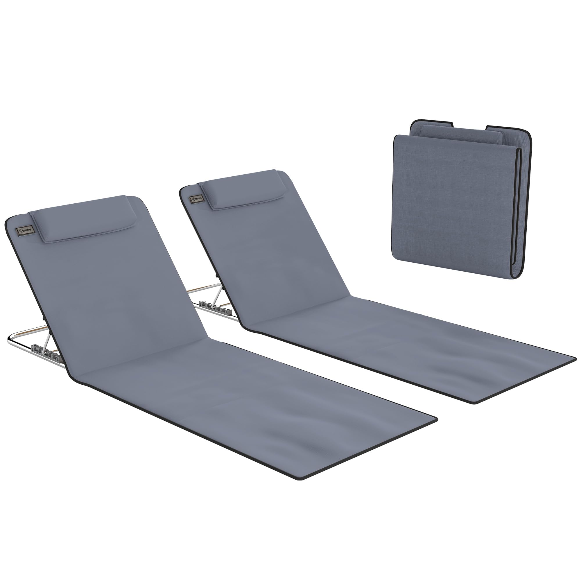 Outsunny Conjunto de 2 Esterillas de Playa Plegables, Esterillas con Respaldo Reclinable en 5 Niveles, Reposacabezas y Bolsa de Transporte, 134x48x33-43 cm, Gris