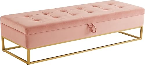 Miniatura 29 de Ball & Cast Morden - Banco otomano de almacenamiento de terciopelo de 58.6 pulgadas, banco de pie con bisagra de seguridad y patas de metal dorado,