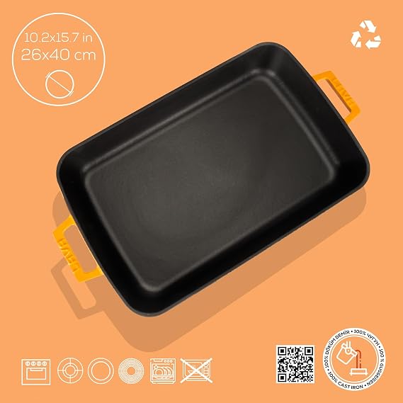 Lava Spring Series - Cast Roast and Oven Tray, Rectangular, 26x40 cm, Matte Enamel, Glossy Black Base, Orange