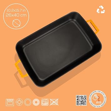 Lava Spring Series - Cast Roast and Oven Tray, Rectangular, 26x40 cm, Matte Enamel, Glossy Black Base, Orange