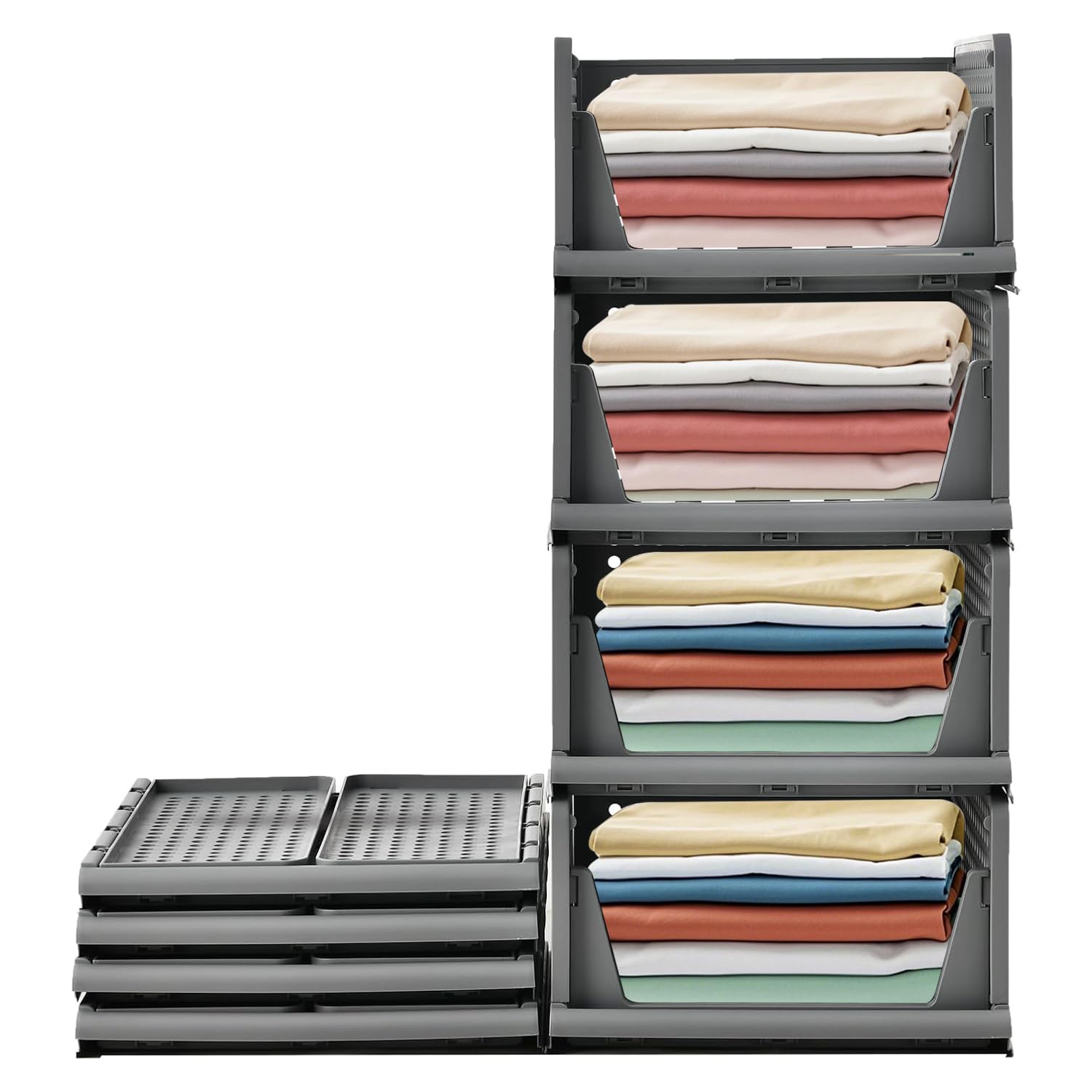 RMAN Schubladenbox 4er Set Kleiderschrank Organizer Stapelbare Schrank Regal Aufbewahrungsbox Plastik Trennwand Stapelschubladen für Kleidung Küchen Schlafzimmer Grau