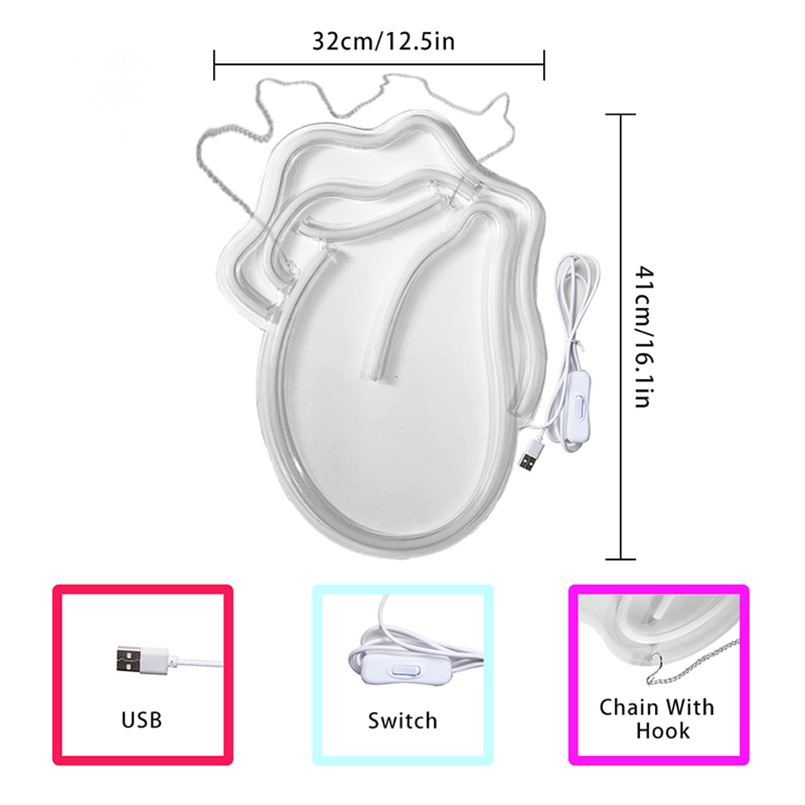 Letrero de luz de neón LED Letreros de neón de boca sexy, Luces de neón LED USB para labios y lengua para decoración de bar, Letrero luminoso para colgar en la pared de la ventana con interruptor, 32x