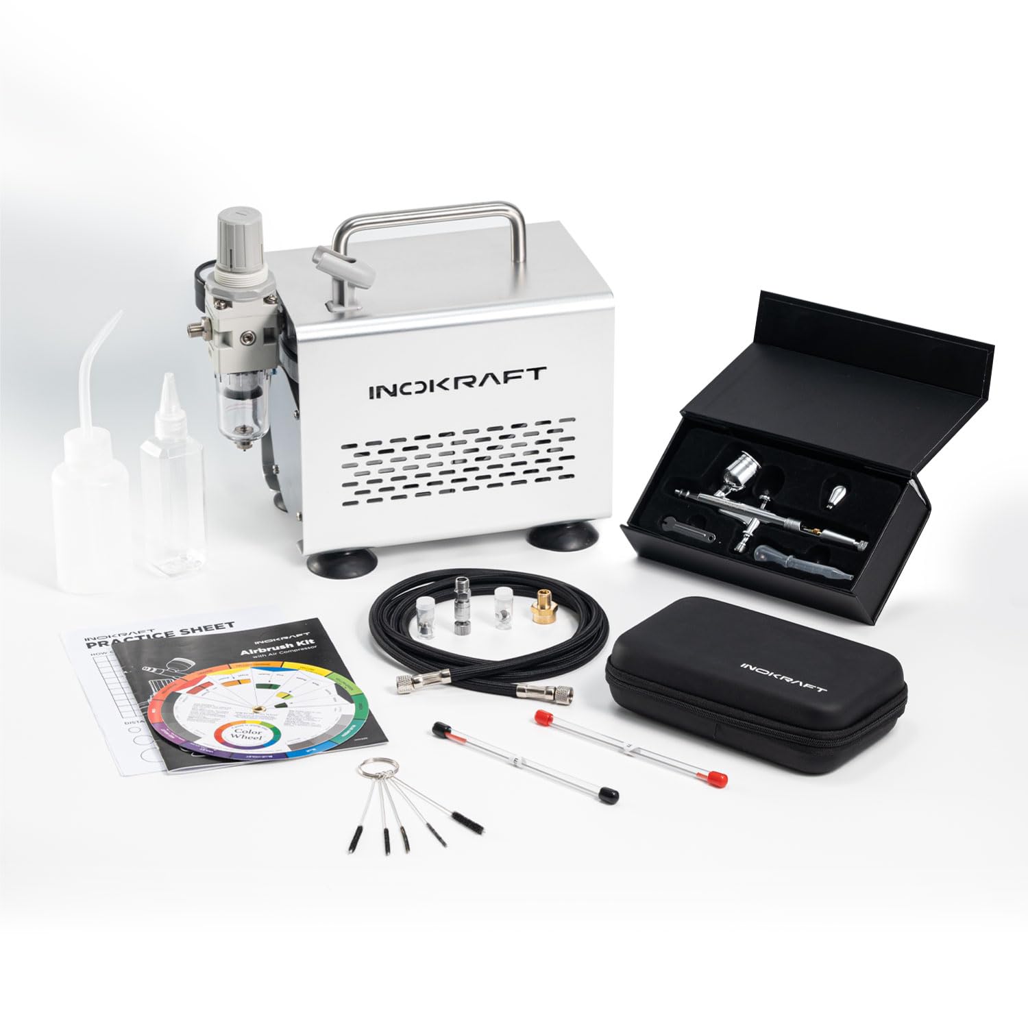 InoKraftAirbrush Kit with Air Compressor- 1/6 HP Quiet Air Compressor, Gravity Airbrush with 3 Tips 0.2, 0.3 & 0.5 mm- Hose, Holder, How-To Guide- Airbrush Paint Set for Model Painting, kids gifts