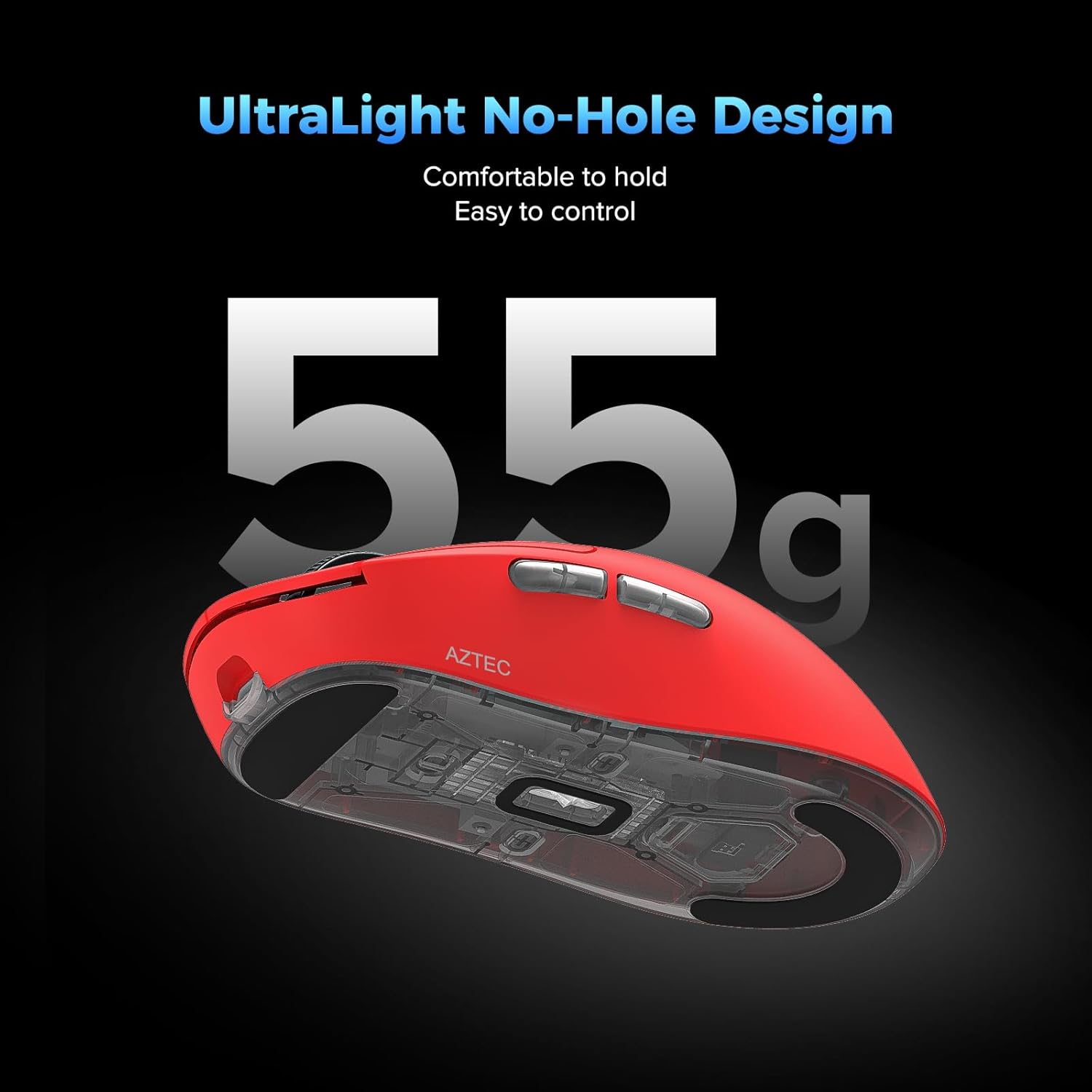 Wireless Gaming Mouse Ultralight 55g, 3395 Lag-Free Sensor, 26K DPI, HUANO Switches, 80Hrs Long Battery Life, 6 Programmable Button for PC, 3 Modes (2.4G/Wired/BT), Win with Aztec, Red