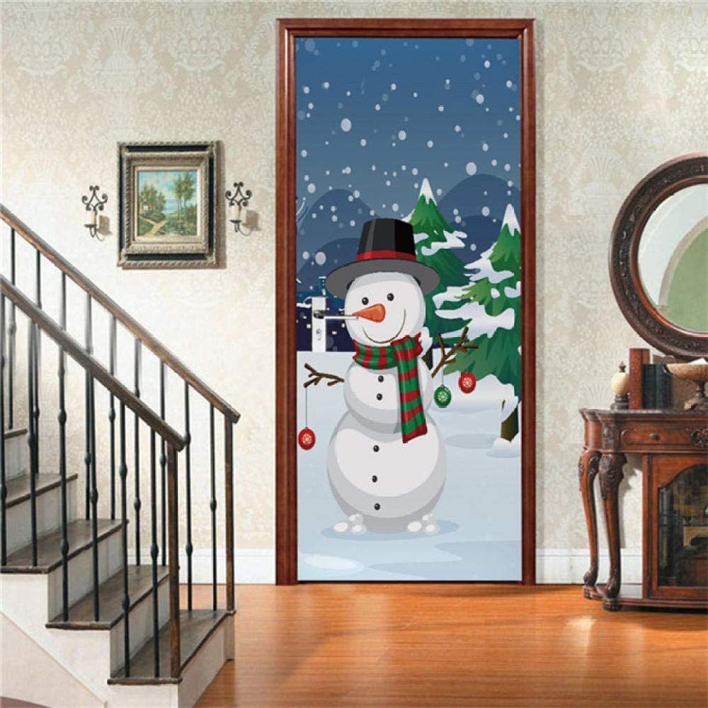 Door Stickers for Interior Cartoon Christmas Snowman 88 X 200 Cm Door Waterproof Self Adhesive 3D Children Kids Bathroom Baby Boys Girls Bedrooms Toilet Vinyl Home Decoration Decal Art Door Poster