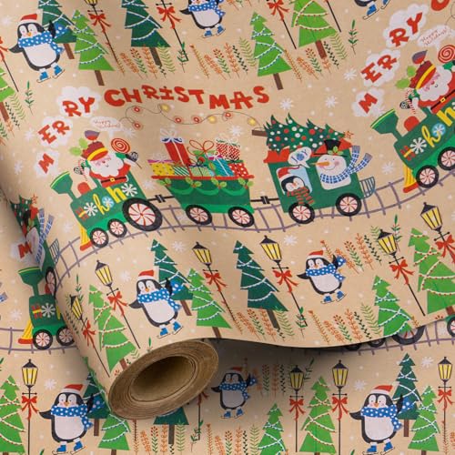 RUSPEPA Kraft Christmas Wrapping Paper Roll, Mini Roll, Christmas Train and Penguin Pattern Great for Xmas Gifts, Holiday and Party, 17 Inches X 32.8 Feet