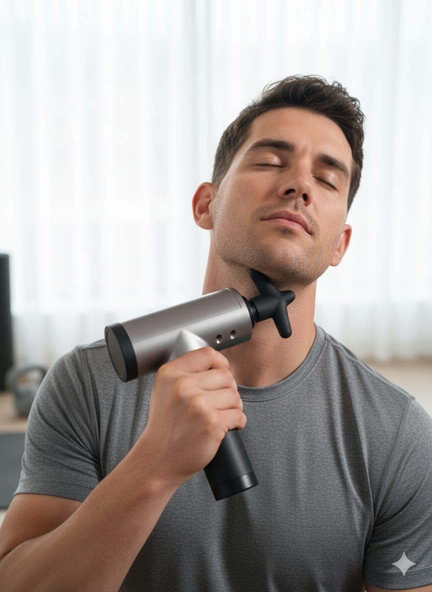 A man using the Fascial Gun RH-320 on his neck and shoulder area for muscle relief.
