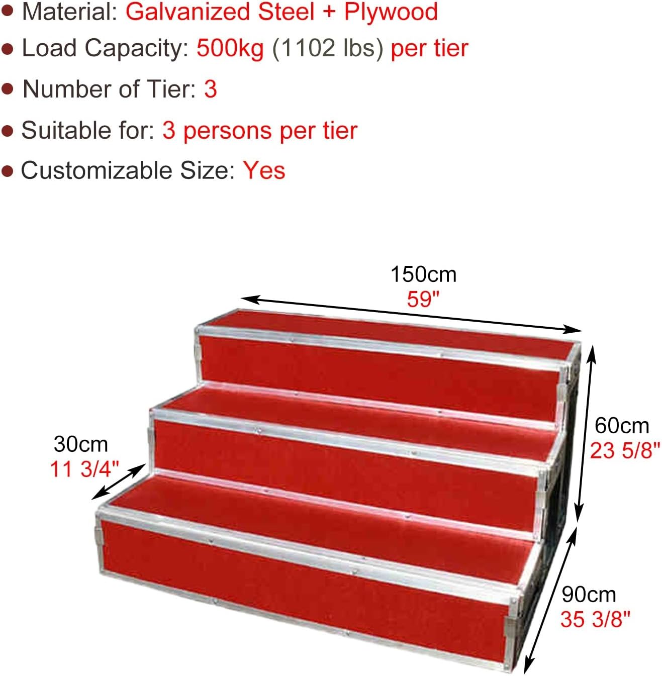 Adjustable 3-Tier Portable Choir Risers - Commercial Grade Stage Steps, 50.4" to 78.7" Long, Ideal for Events, Performances, and Choral Groups