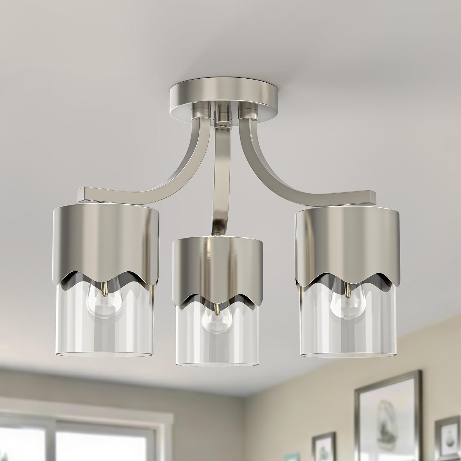 Maxax 15.8" Nickel Semi Flush Mount Ceiling Light Fixture, Modern Farmhouse 3-Light Chandelier, Clear Glass Shade, E26 Base, for Entryway, Hallway, Bedroom, Kitchen, Dining Room, Bedroom, Living Room