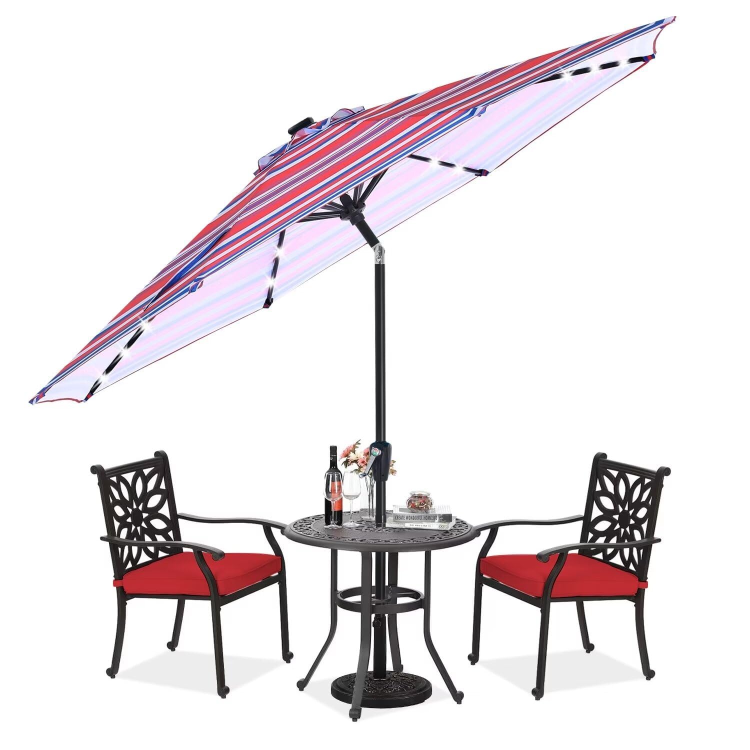 ABCCANOPY Solar Led Patio Umbrella with 32 Lights 9FT(Dark Blue Red Stripe)