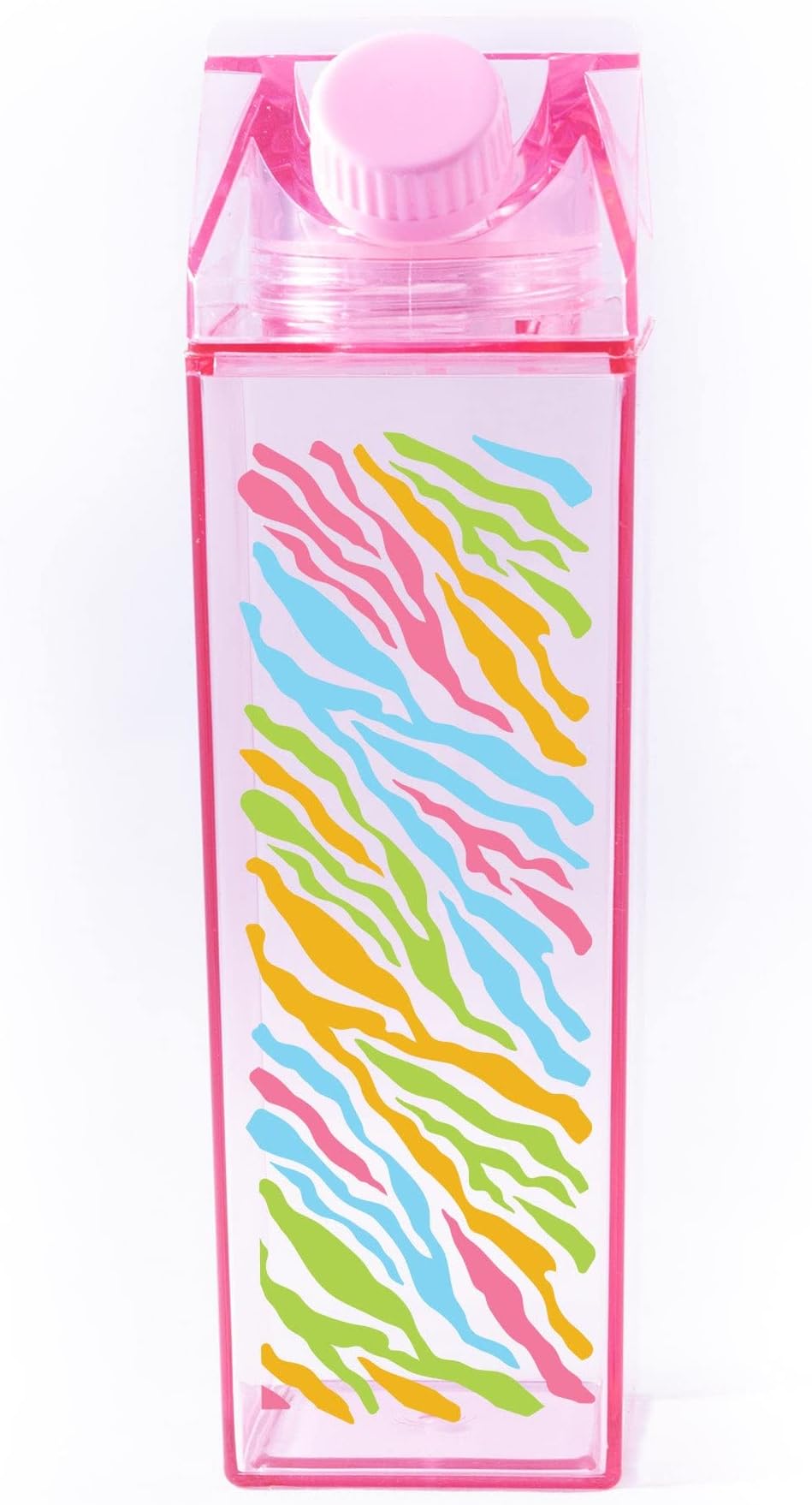 TeesAndTankYou Rainbow Zebra Pattern Milk Carton Water Bottle 500ml 16.9oz Pink
