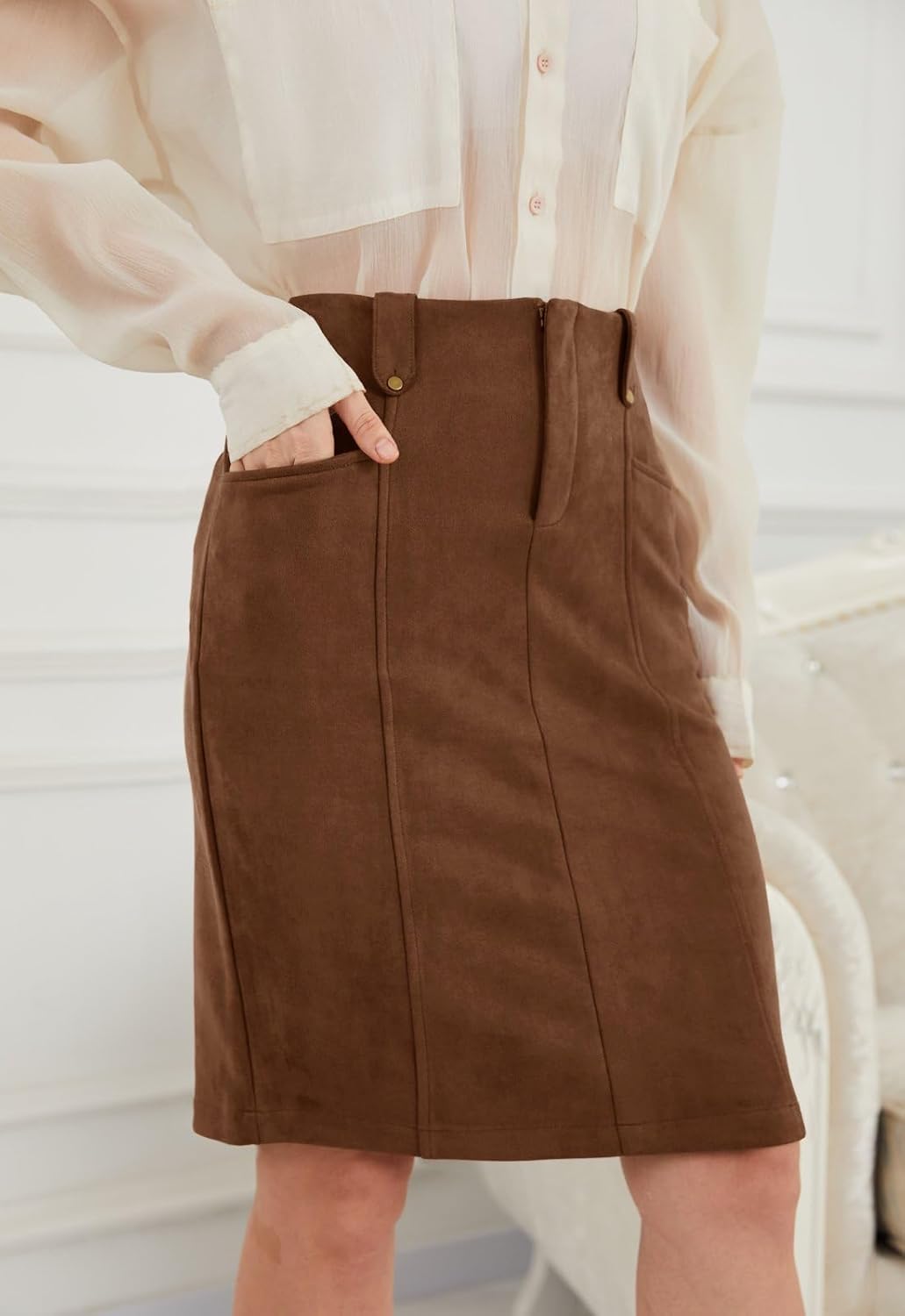 Women's Faux Suede Knee Length Skirt High Waisted Bodycon Fall Winter Zipper Trendy Skirts for Women with Pockets - Image 2