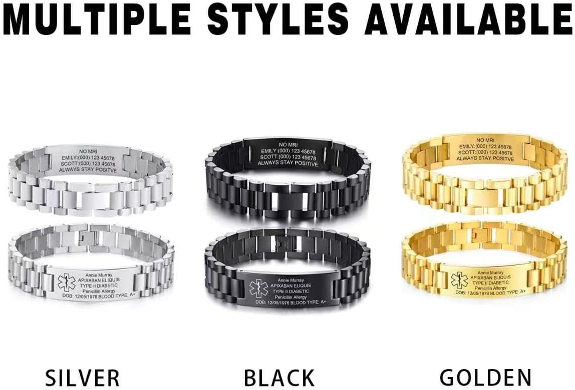 Medical ID Bracelet for Men, Personalized Engraved Medical Alert Bracelet, Stainless Steel Watch Band Style ID Wristband, Custom Emergency Medic Medic ID Bracelet Jewelry for Men