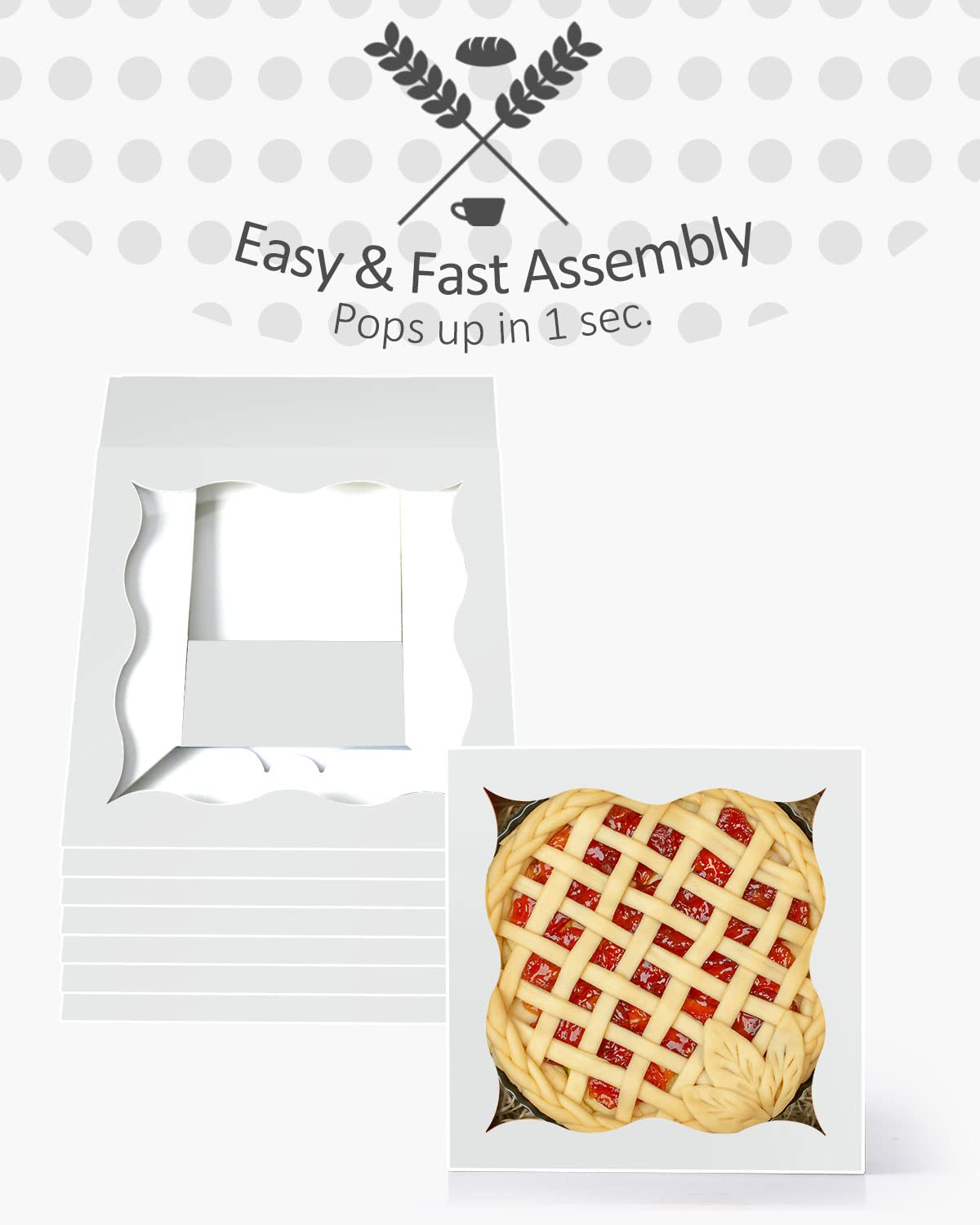 qiqee Auto-pop Up 24Packs White Pie Boxes with Window 12x12x3 Inch Cookie Donut Bakery Box