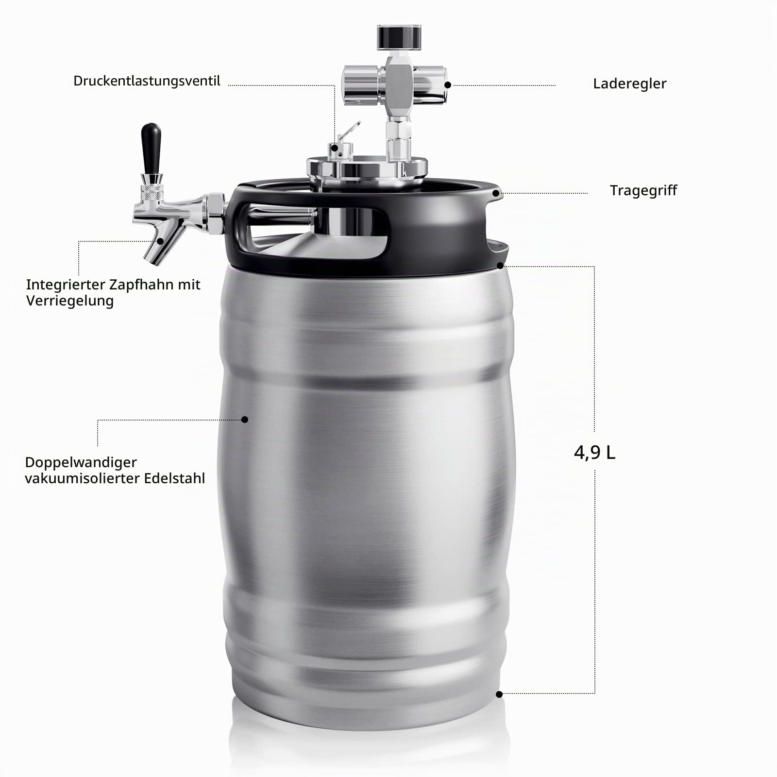TMCRAFT Doppelwandiger Bierfass Growler, Druck-Bierspender-System mit abnehmbarem Fassspeer, hält frisch und kohlensäurehaltig für Bastel-Bierzug/Homebrew
