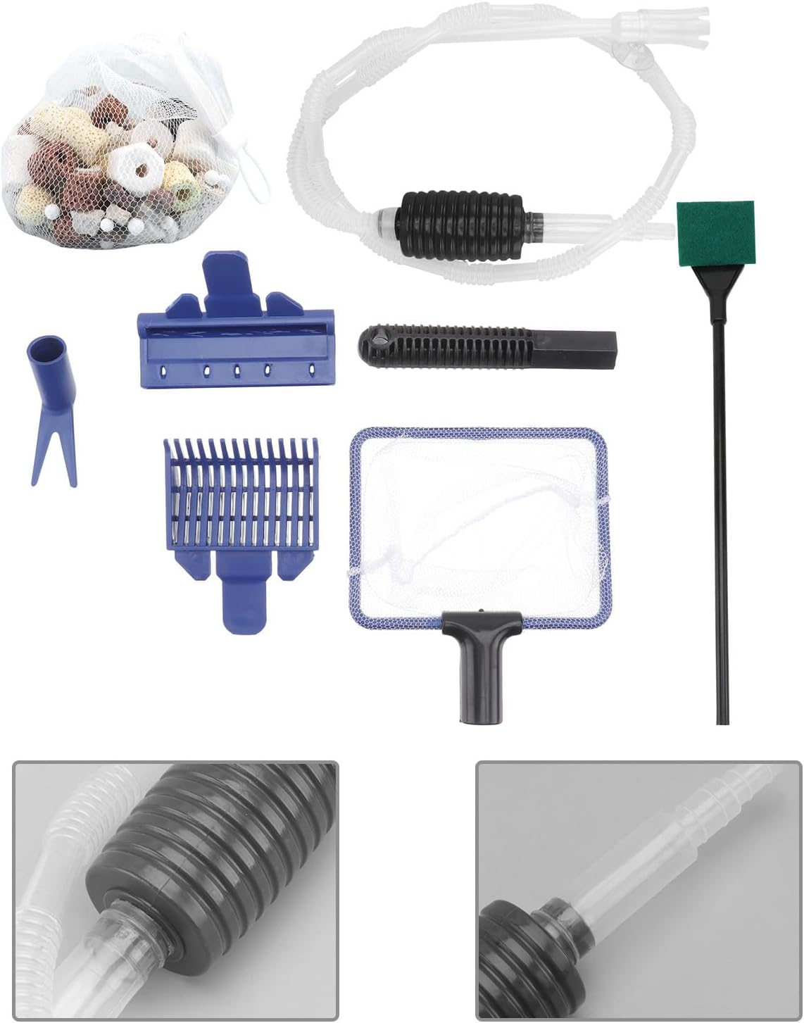 UKCOCO Fish Tank Water Changer Siphon Sand Cleaner Tool Set with Plastic | Five Cleaning Tools, Twelve Filter Materials, Suction Cup, for Mini or Medium Tanks