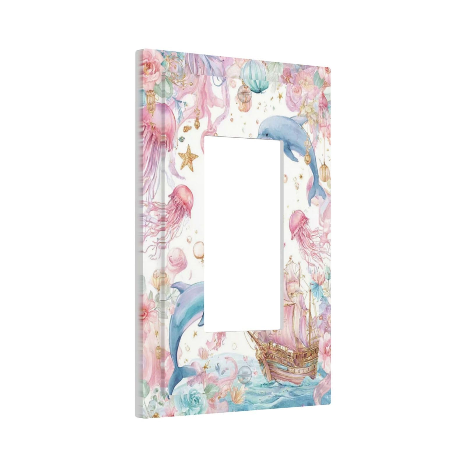 Yamxbfa Decorative Outlet Covers Whimsical Pink Pirate Ship Dolphin Jellyfish 1 Gang Rocker Light Switch Cover Plate Single Wall Plates for Electrical Switch Plate Covers Faceplate for Nursery Decor