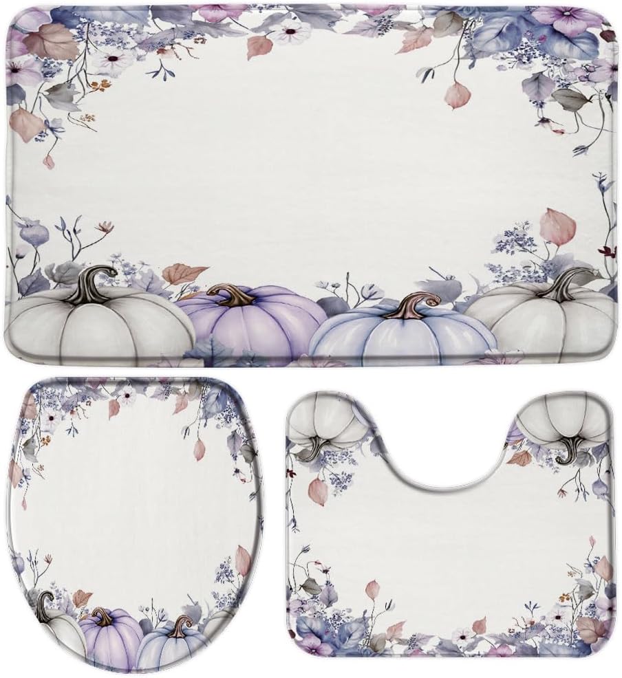 Fall Pumpkin Floral Bath Mat Purple and Grey Pumpkins Maple Leaves Thanksgiving Bathroom Rugs and Mats Sets 3 Piece, Memory Foam Bath Rug 24"x35", U-Shaped Contour Shower Mat Toilet Lid Cover