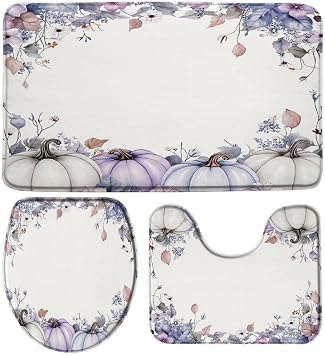 Fall Pumpkin Floral Bath Mat Purple and Grey Pumpkins Maple Leaves Thanksgiving Bathroom Rugs and Mats Sets 3 Piece, Memory Foam Bath Rug 24"x35", U-Shaped Contour Shower Mat Toilet Lid Cover
