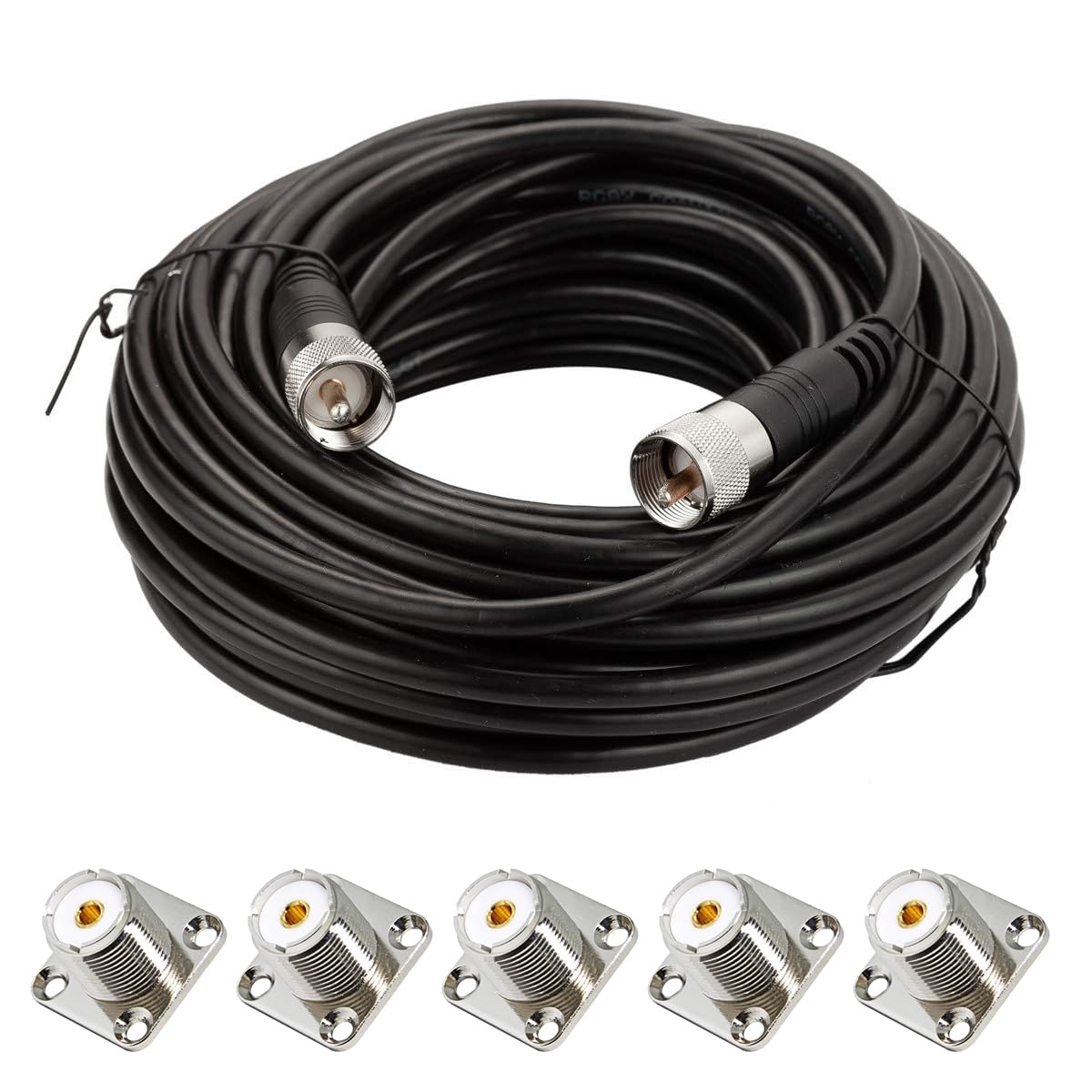 RG8x Coaxial Cable 50ft with 5 PCS SO-239 UHF Panel Mount Connectors, CB Coax UHF PL259 Male to Male Low Loss Antenna Cables, 50 Ohm for HAM Radio, Antenna Analyzer