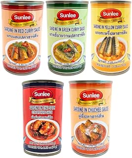 Sunlee Sardine in Thai Curry 5.5 Oz, Pack of 8 (Assorted Curry: 2 Red, 2 Green, 2 Yellow, 1 Chu Chee, 1 Thai Spicy Stir Fry Herb Sauce)