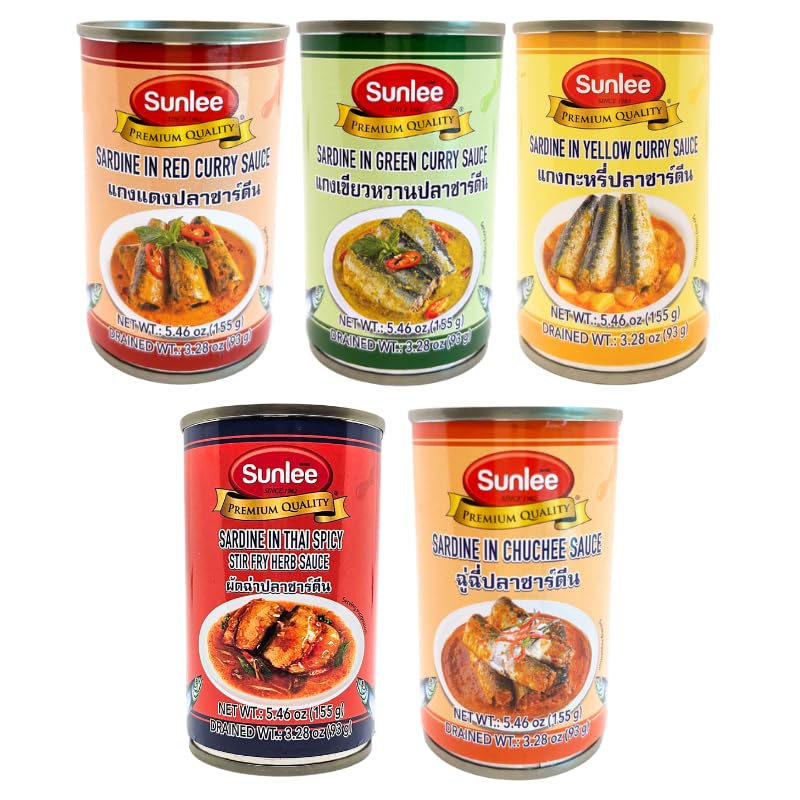 Sunlee Sardine in Thai Curry 5.5 Oz Pack of 8 (Choose your Flavors)