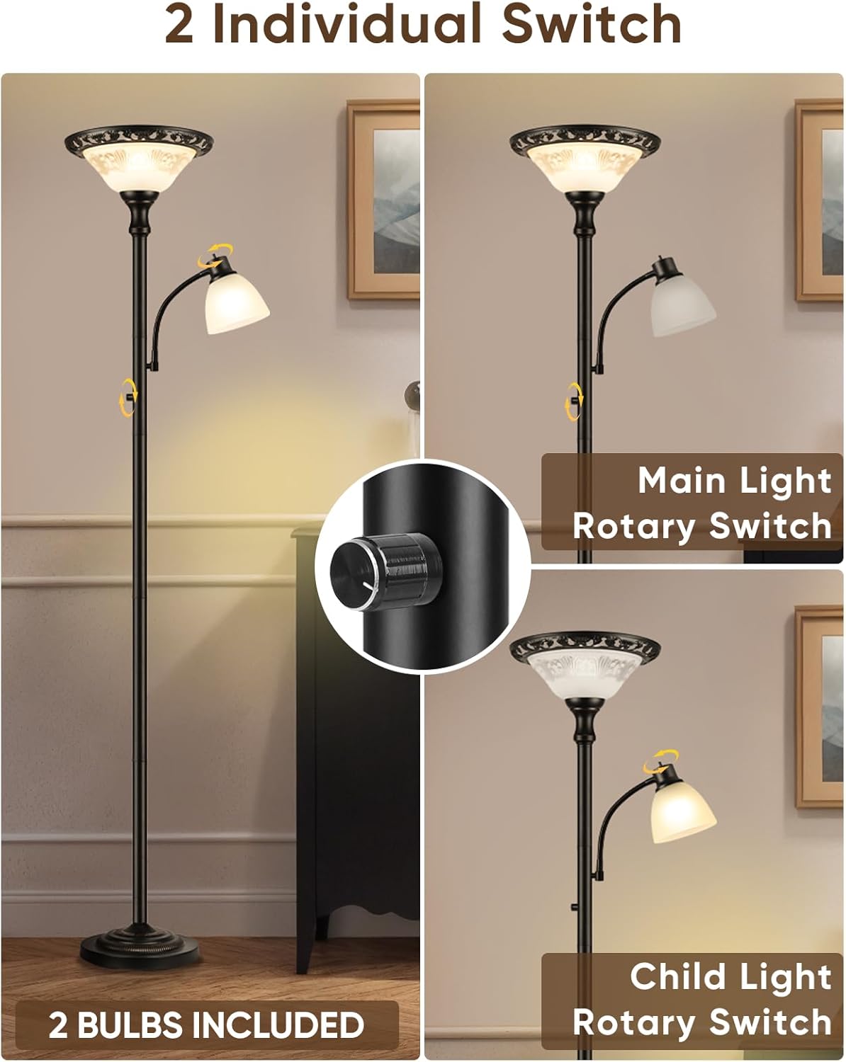 Torchiere Floor Lamps for Living Room, 71" Tall Standing Lamp with Thick Glass Shade, Metal Pole & Heavy Base, Vintage Corner Lamp with Reading Light Home Decor for Bedroom Office, 3CCT Bulb Included