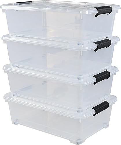 4 paquetes de cajas de almacenamiento poco profundas de 20 litros con ruedas, contenedores de plástico debajo de la cama