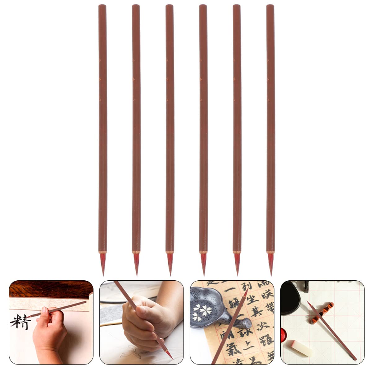 Housoutil 6pcs Chinese Calligraphy Brush Set Little Red Hair Hook Line Brush Acrylic Painting Calligraphy Kit for Beginners Writing Supply