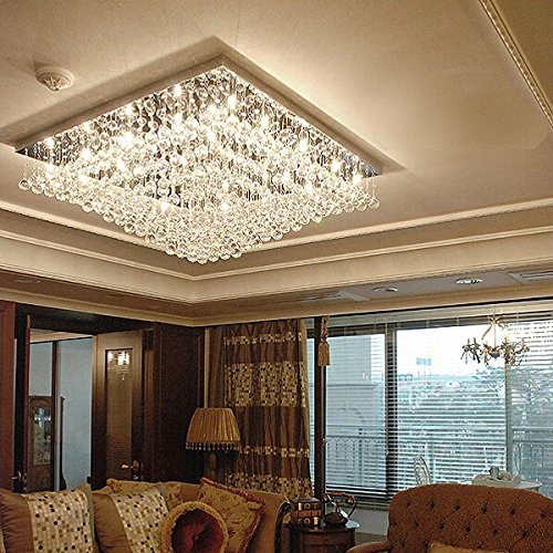 7PM Modern Square Crystal Chandelier Large Luxurious Ceiling Light Fixture Flush Mount for Living Room Bedroom Hall L32 x W32 x H13 24 Lights