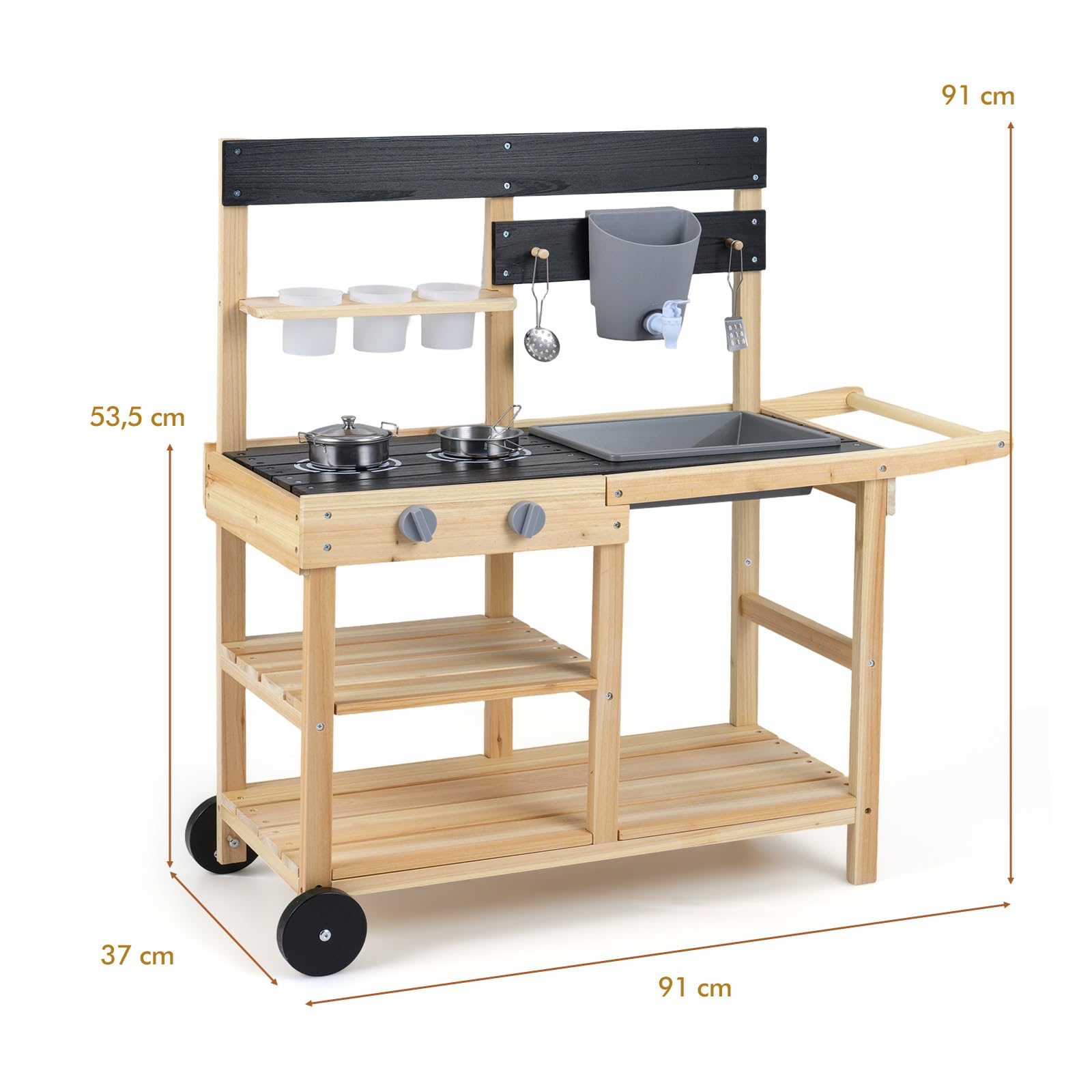 COSTWAY Cucina Giocattolo per Giardino, Cucina da Esterno per Bambini | con Pentola, Padella, Utensili da Cucina, Vasi da Fiori, Lavandino, Serbatoio e Lavagna, per Bambini 3+ Anni, 91 x 37 x 91 cm