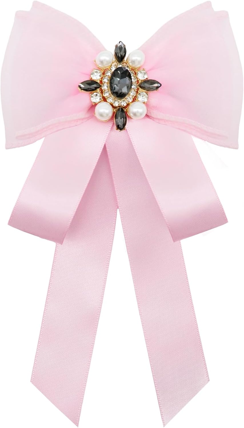 Rhinestone Bow Ties for Women, Adjustable Pre-Tied Ribbon Bow Ties Pearl Womens Bowties for Wedding Banquet Party