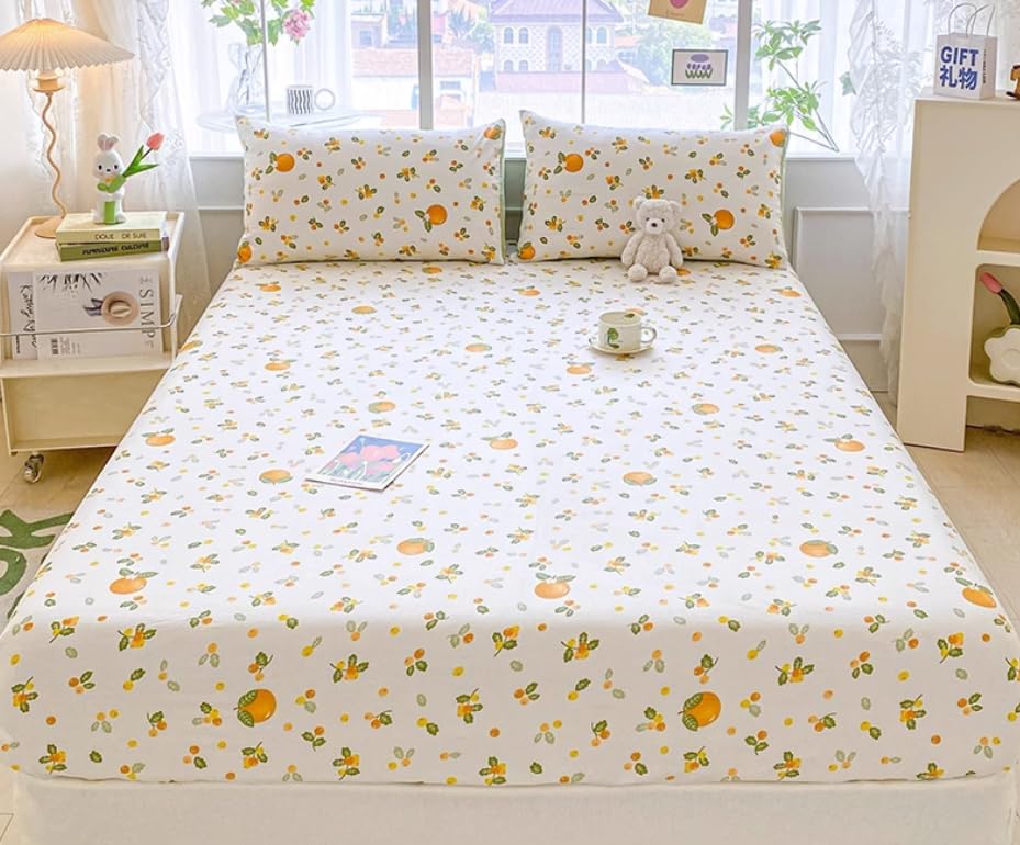 Vista 4 de Sábana bajera ajustable 100% algodón con banda elástica + 2 fundas de almohada con estampado de frutas naranjas, funda de colchón tamaño doble