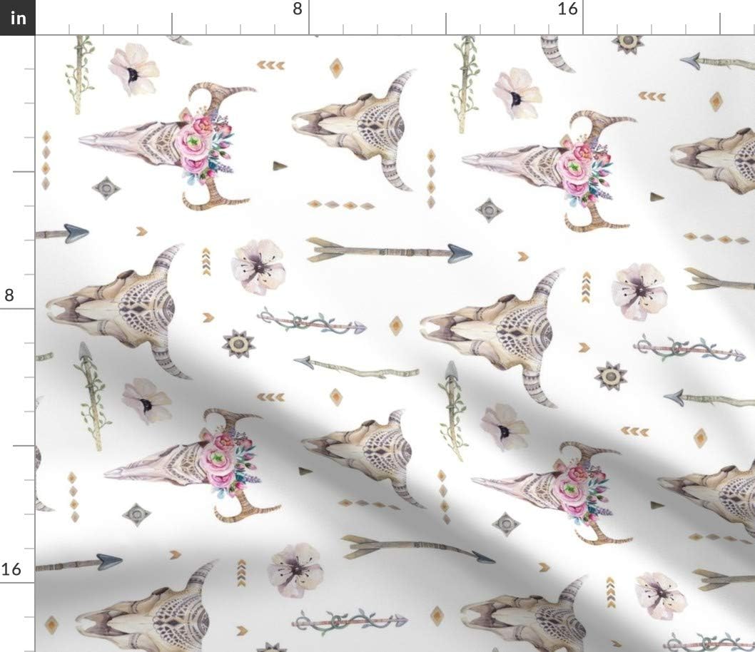 Spoonflower Fabric - Watercolor Skull Deer Feathers Cow Boho Bohemian Arrows Antlers Printed on Petal Signature Cotton Fabric Fat Quarter - Sewing Quilting Apparel Crafts Decor