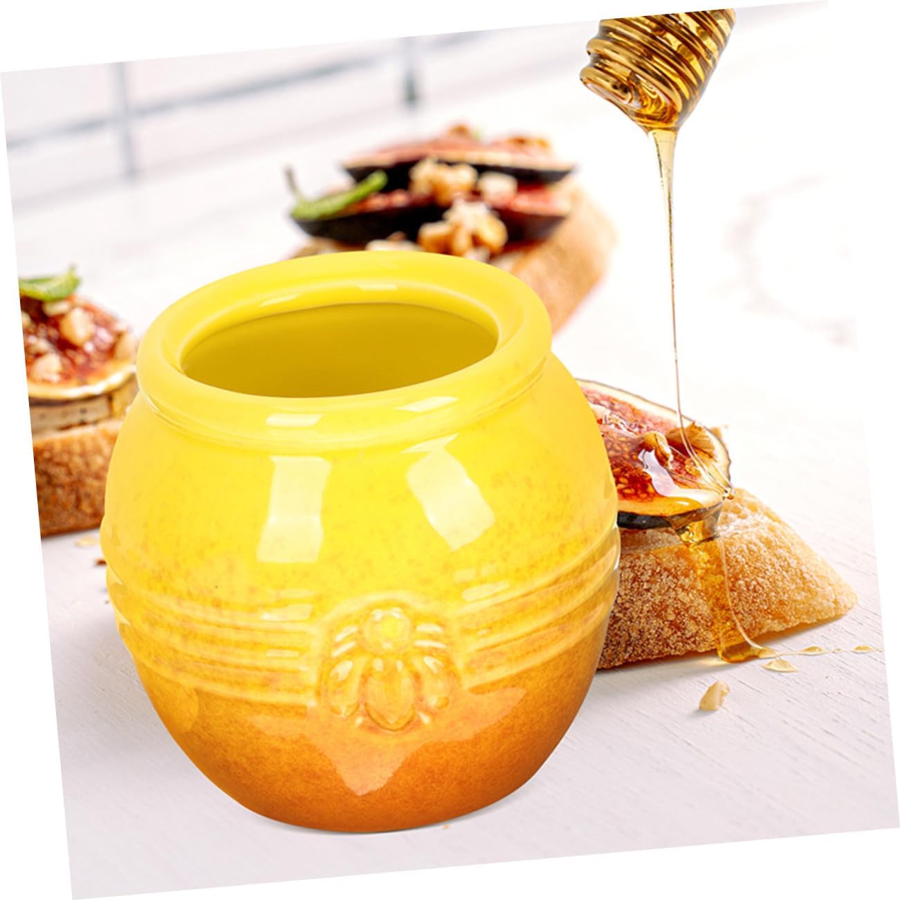 Lurrose 2 Set Ceramic Honey Pot with Lid and Wooden Dipper Honey Storage Jars for Kitchen Counter Dining Table Functional Food-safe Canisters for Syrup and Additional Vintage-style