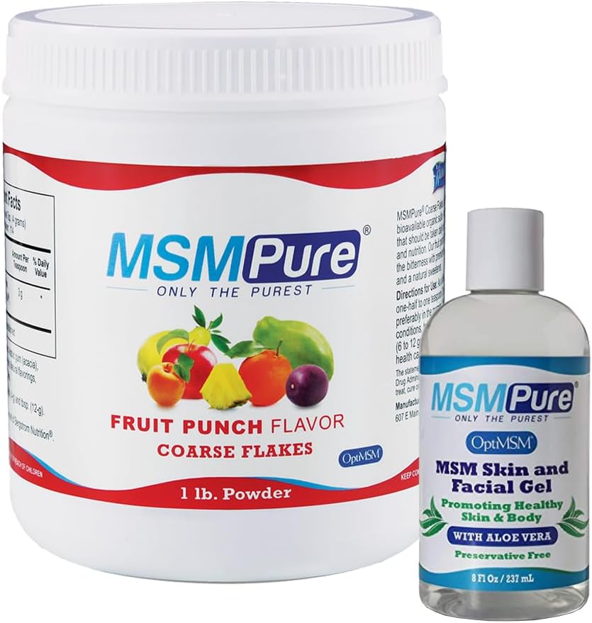 KALA HEALTH MSMPure MSM Fruit Punch Flavored Coarse Flakes 1lb and MSM Gel with Organic Aloe 8oz Bundle